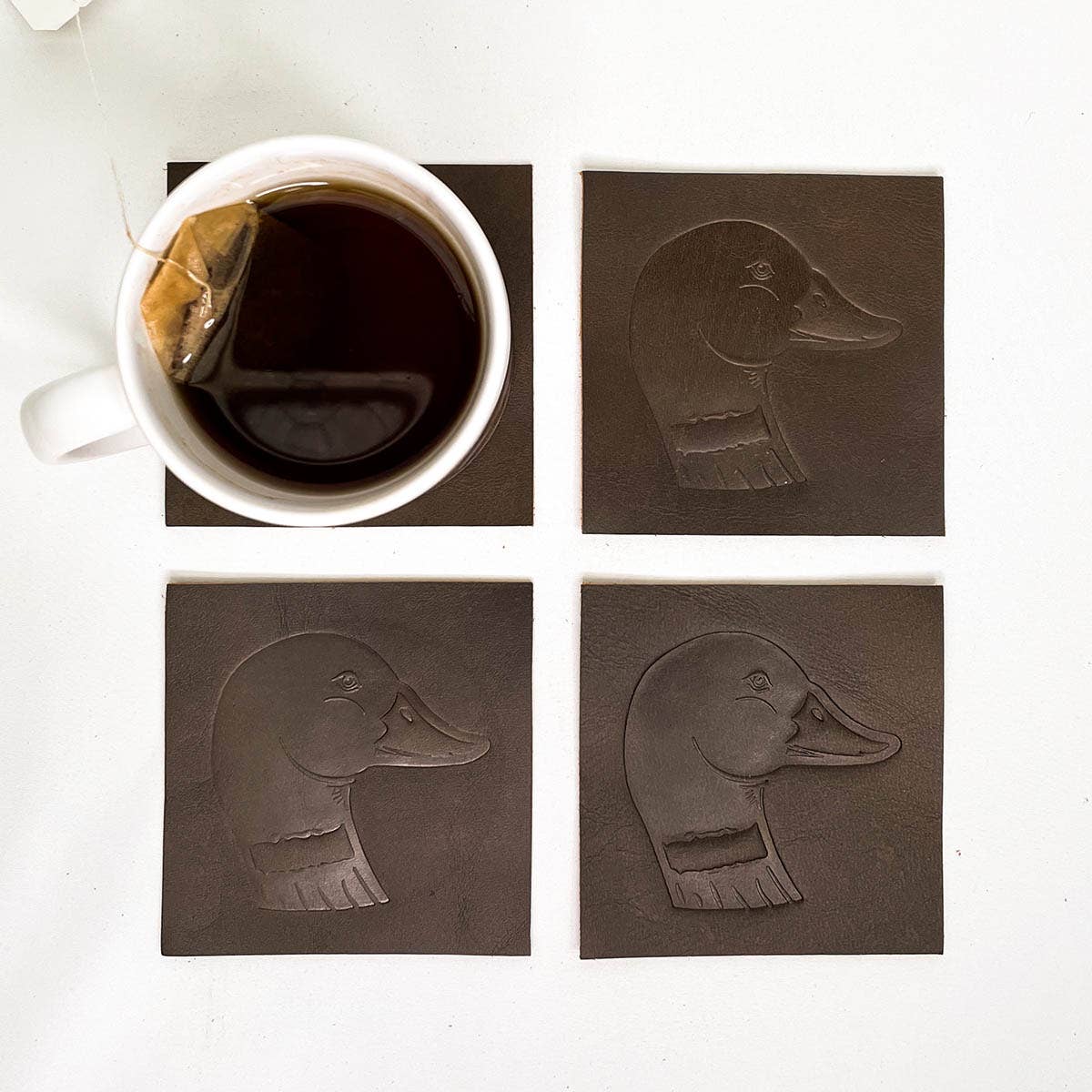 Duck Leather Embossed Coasters   Dark Brown   4x4