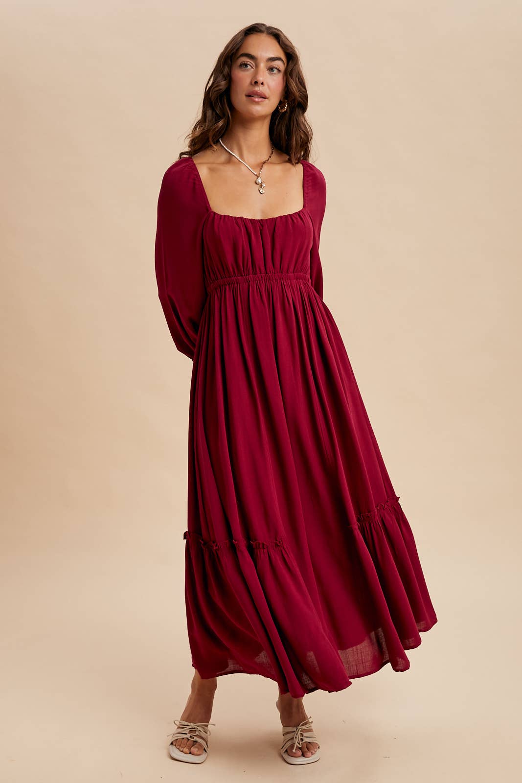GATHERED LONG SLEEVE MAXI DRESS: CHERRY MERLOT