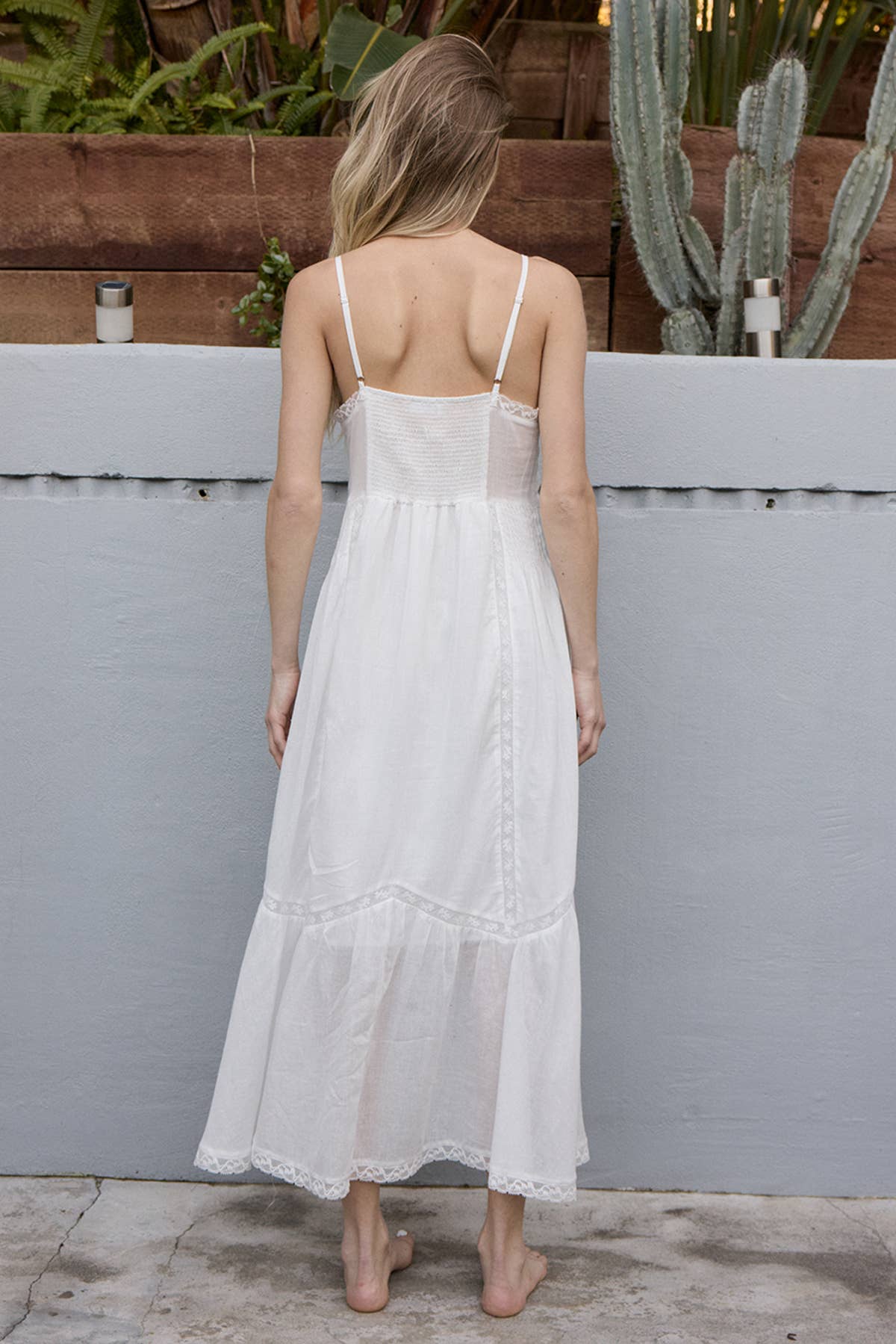 Lace Trim Button-Down Maxi Dress -: WHITE