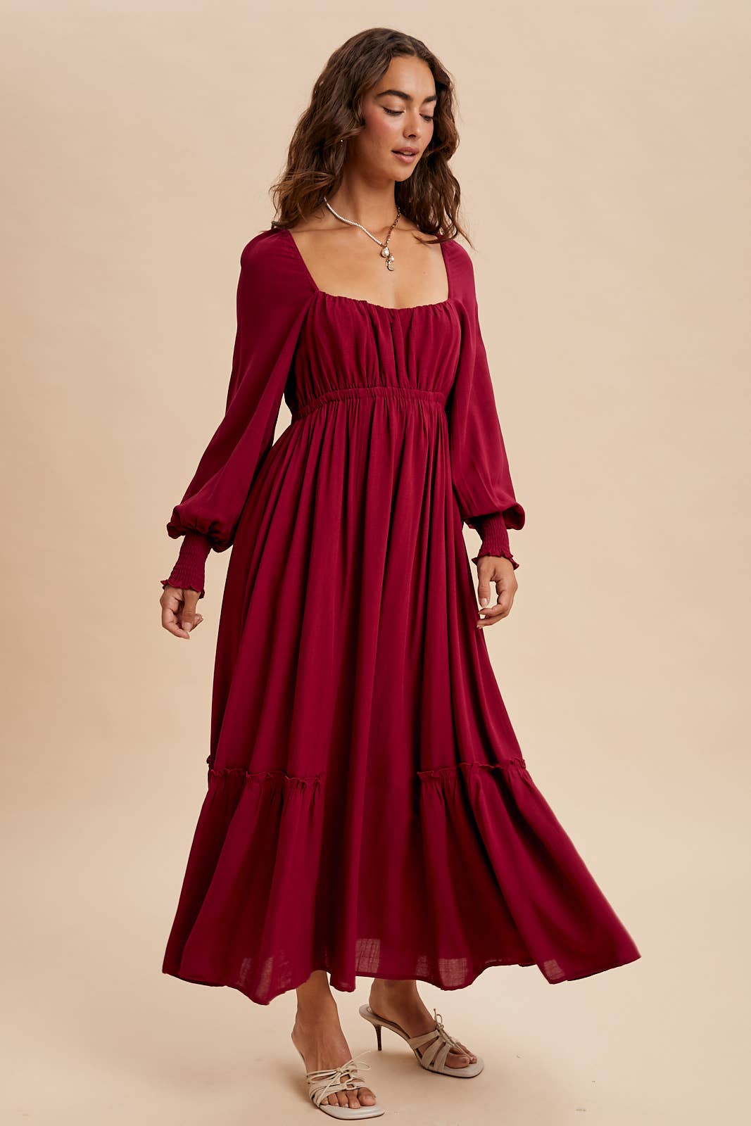 GATHERED LONG SLEEVE MAXI DRESS: CHERRY MERLOT
