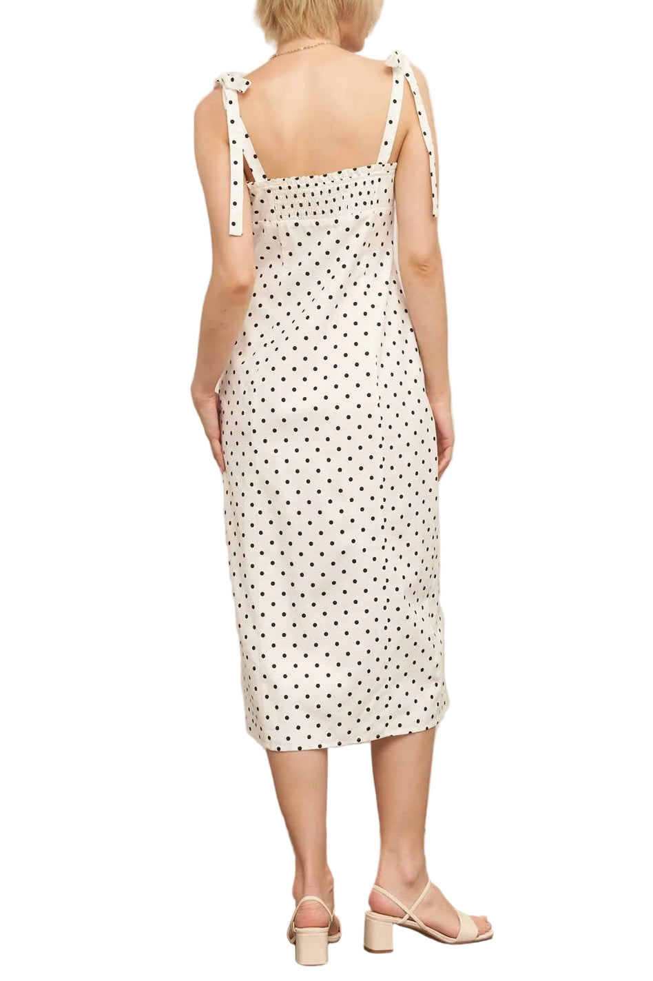 Sleeveless Polka Dot Midi Dress with Slit : White & Black