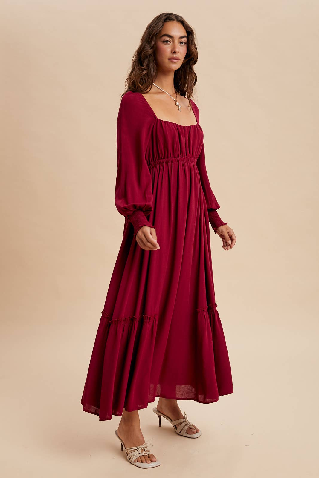 GATHERED LONG SLEEVE MAXI DRESS: CHERRY MERLOT