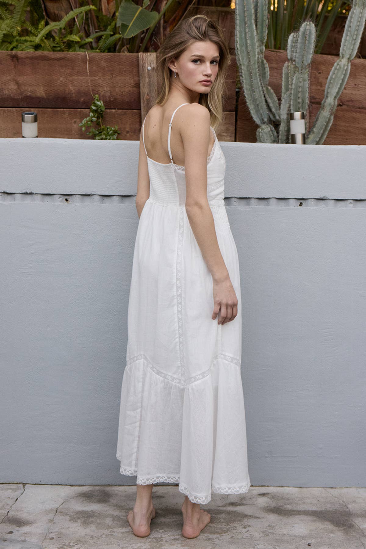 Lace Trim Button-Down Maxi Dress -: WHITE
