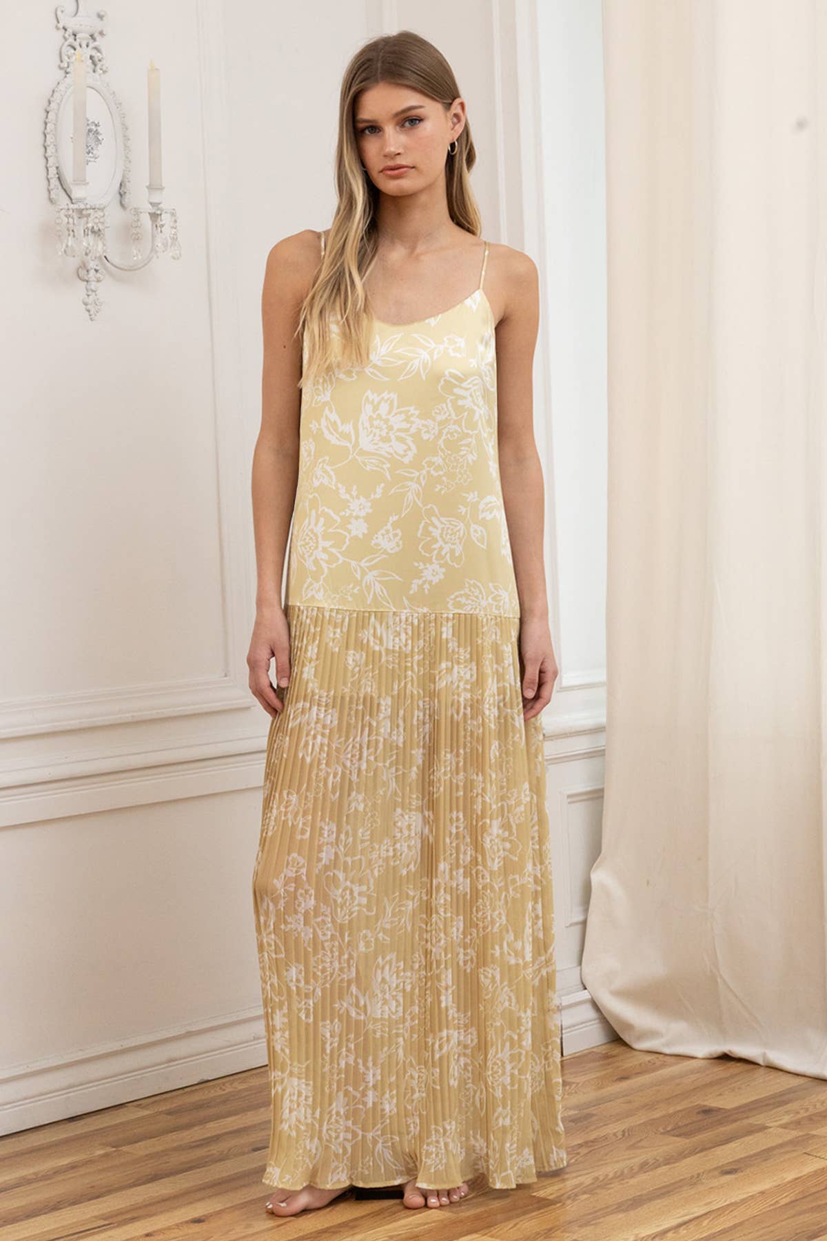 Satin Bodice Chiffon Pleated Midi Dress: BUTTER LEMON