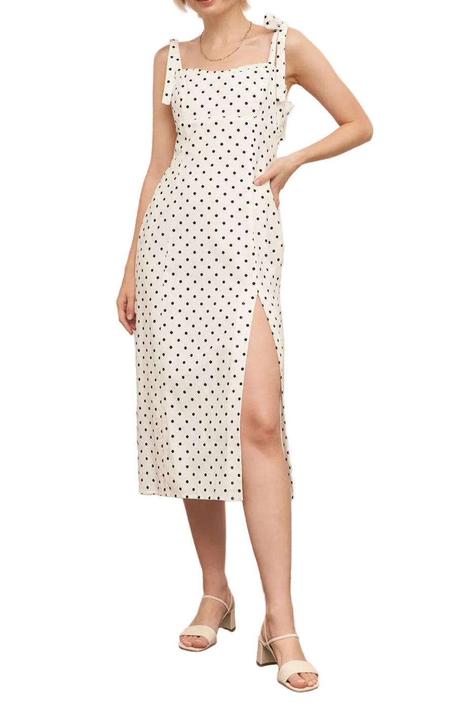 Sleeveless Polka Dot Midi Dress with Slit : White & Black