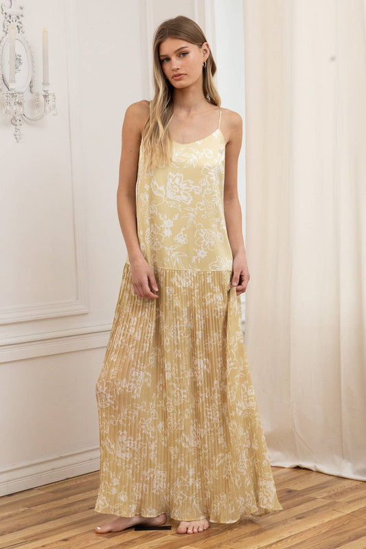 Satin Bodice Chiffon Pleated Midi Dress: BUTTER LEMON