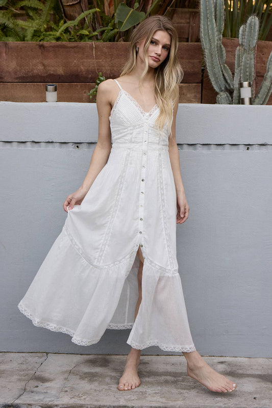 Lace Trim Button-Down Maxi Dress -: WHITE