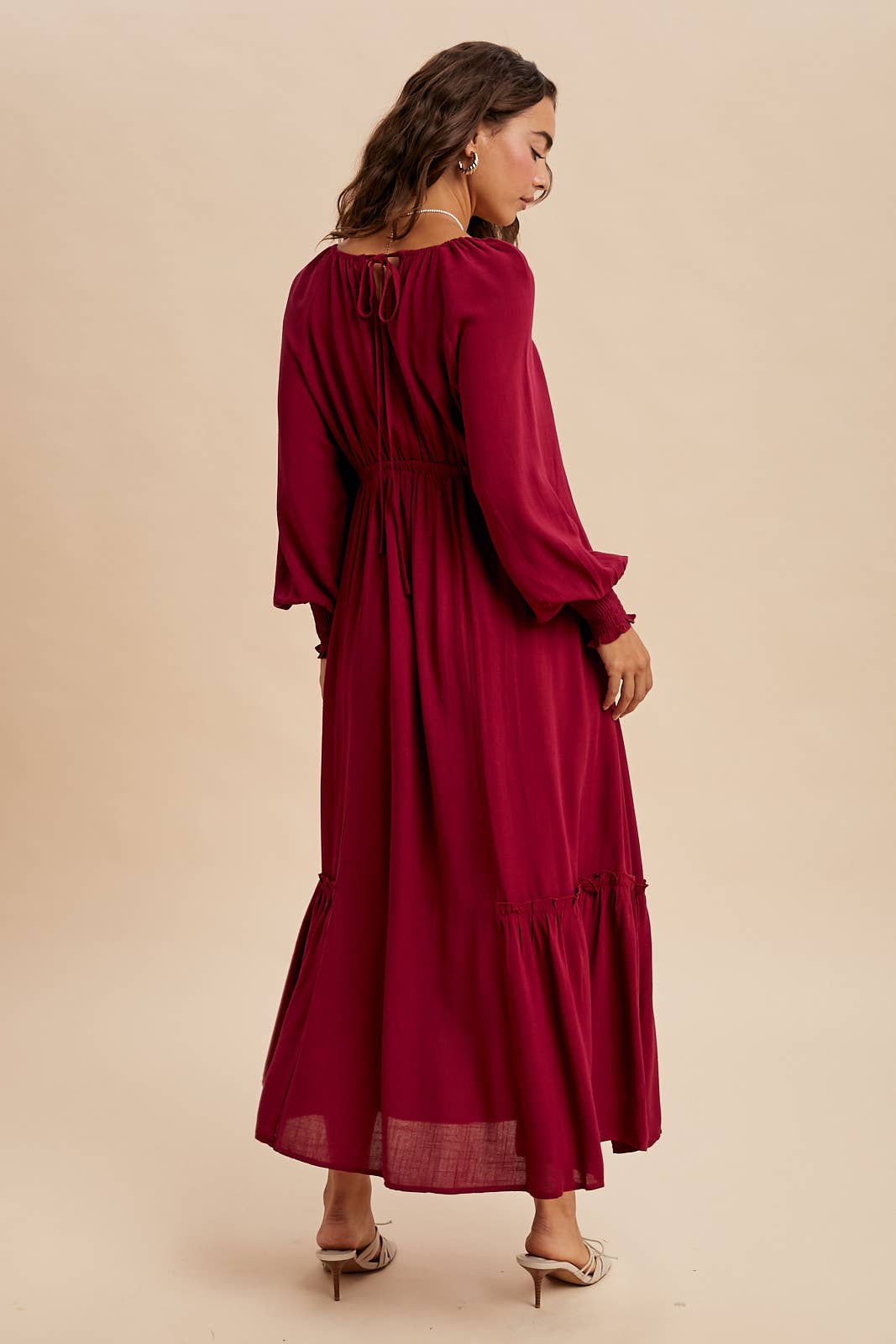 GATHERED LONG SLEEVE MAXI DRESS: CHERRY MERLOT